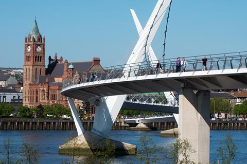 Views across the Guild Hall and Peace Bridge in Derry-Londonderry, Northern Ireland